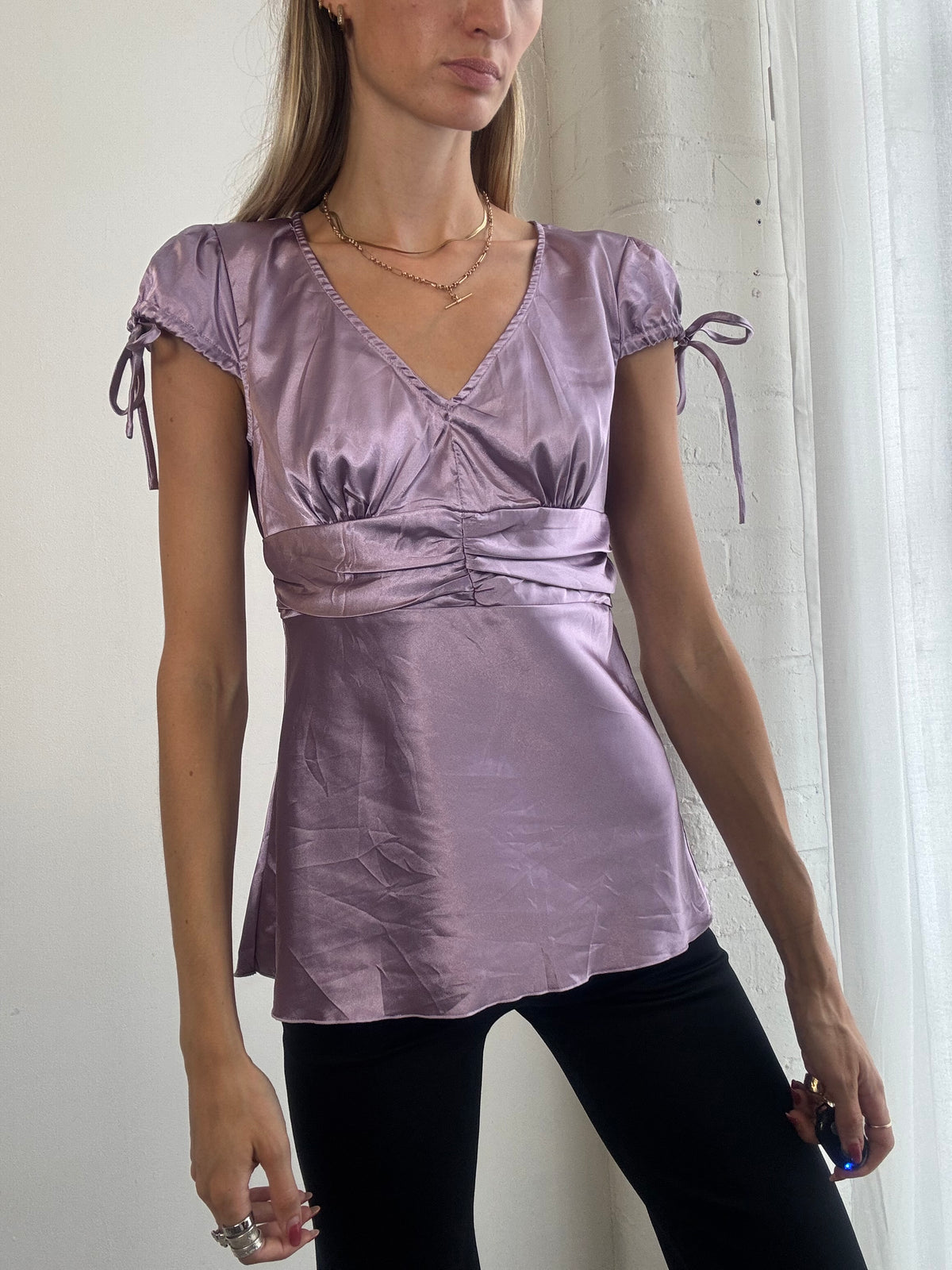 Vintage Y2K Lilac Satin Ruched Top Blouse - Size M