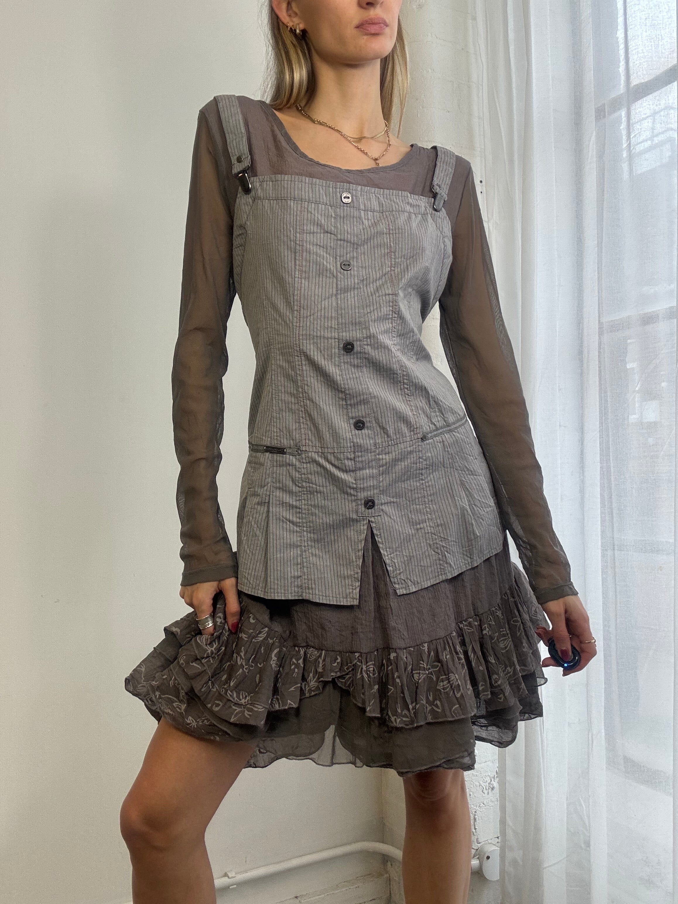 Vintage Y2k Long Sleeve Mesh Ruffle Dress Grey