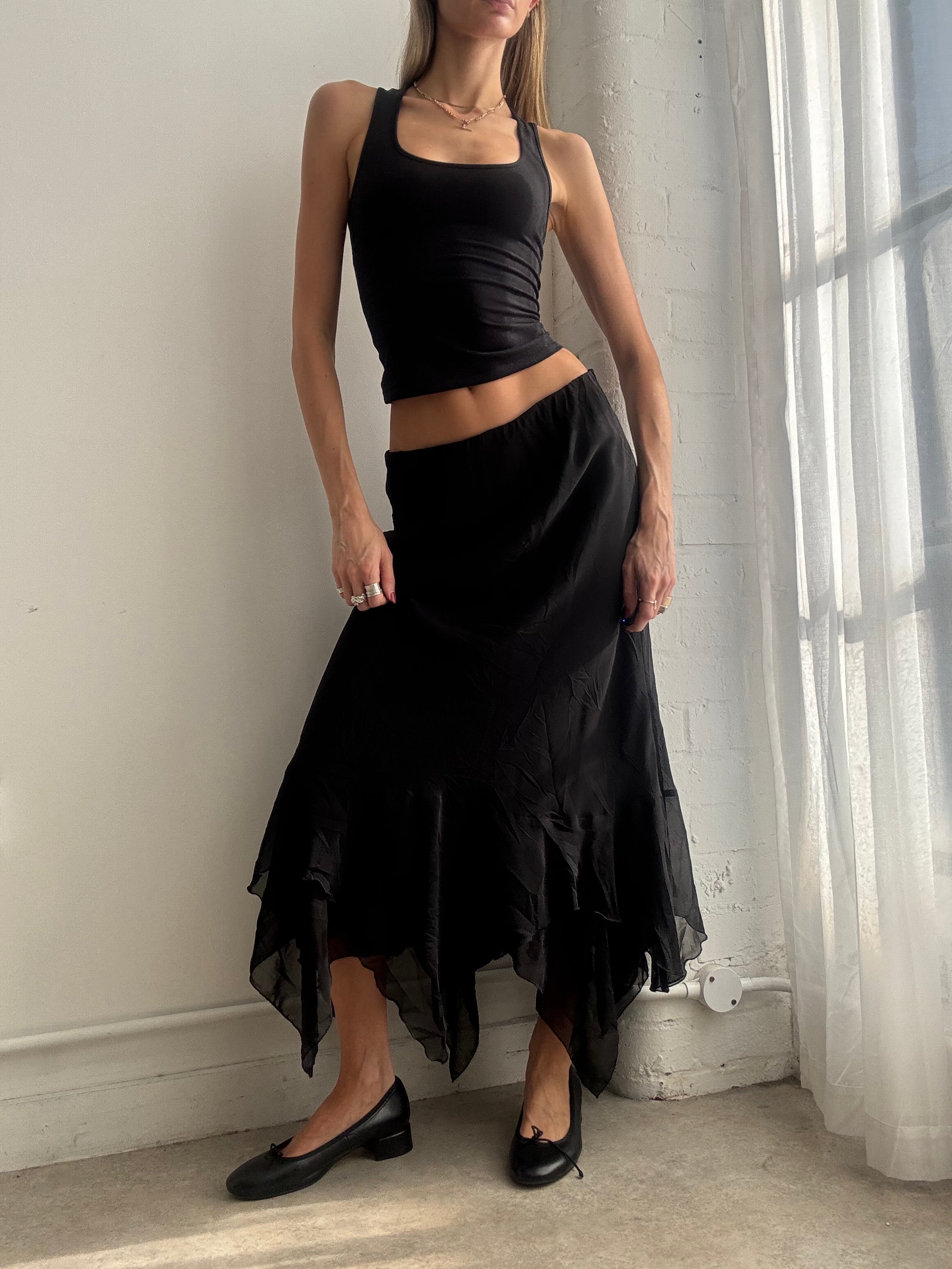 Vintage Y2K black mesh asymmetric maxi skirt