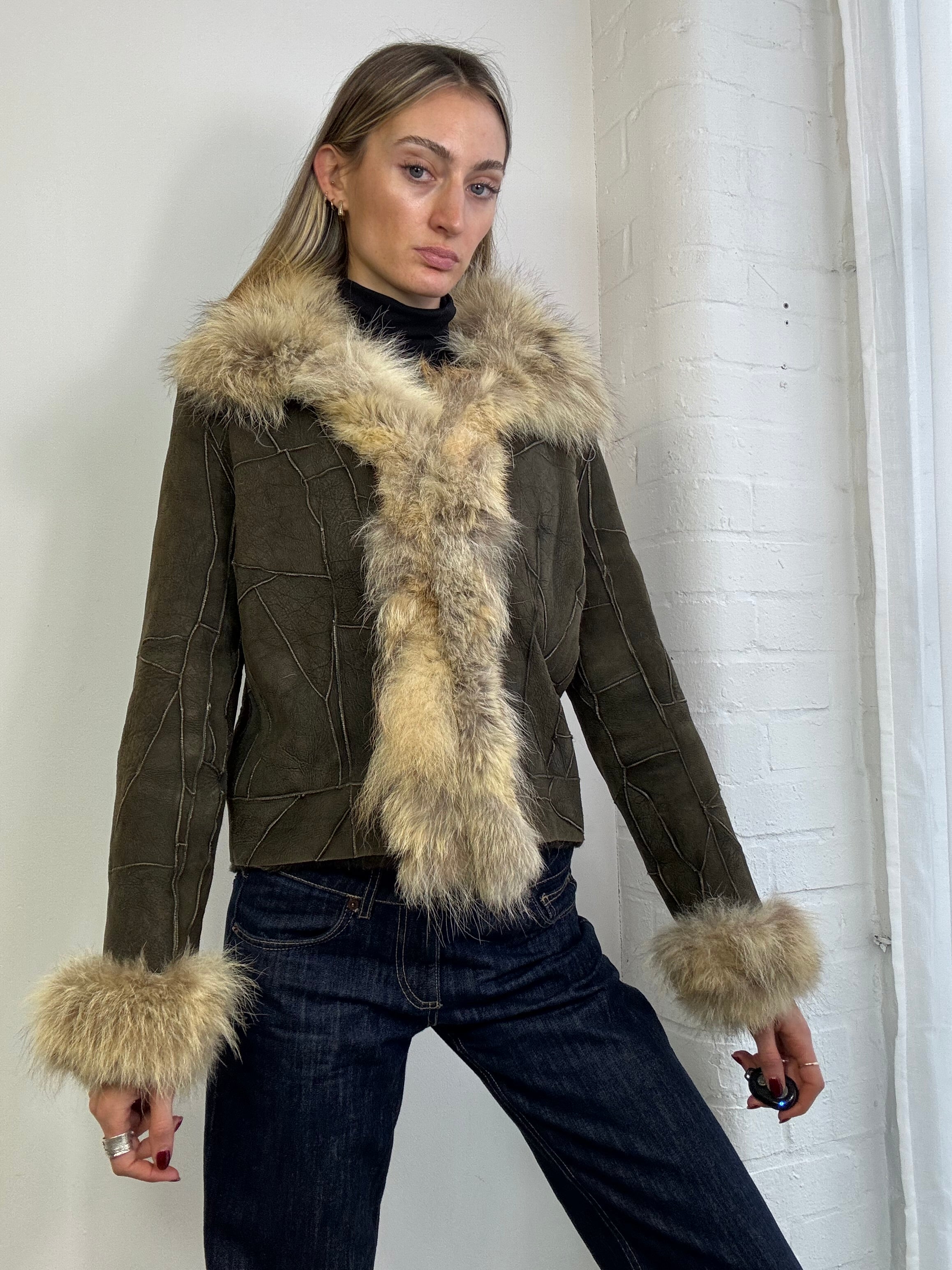 Vintage Y2K patchwork suede jacket with fox fur trim