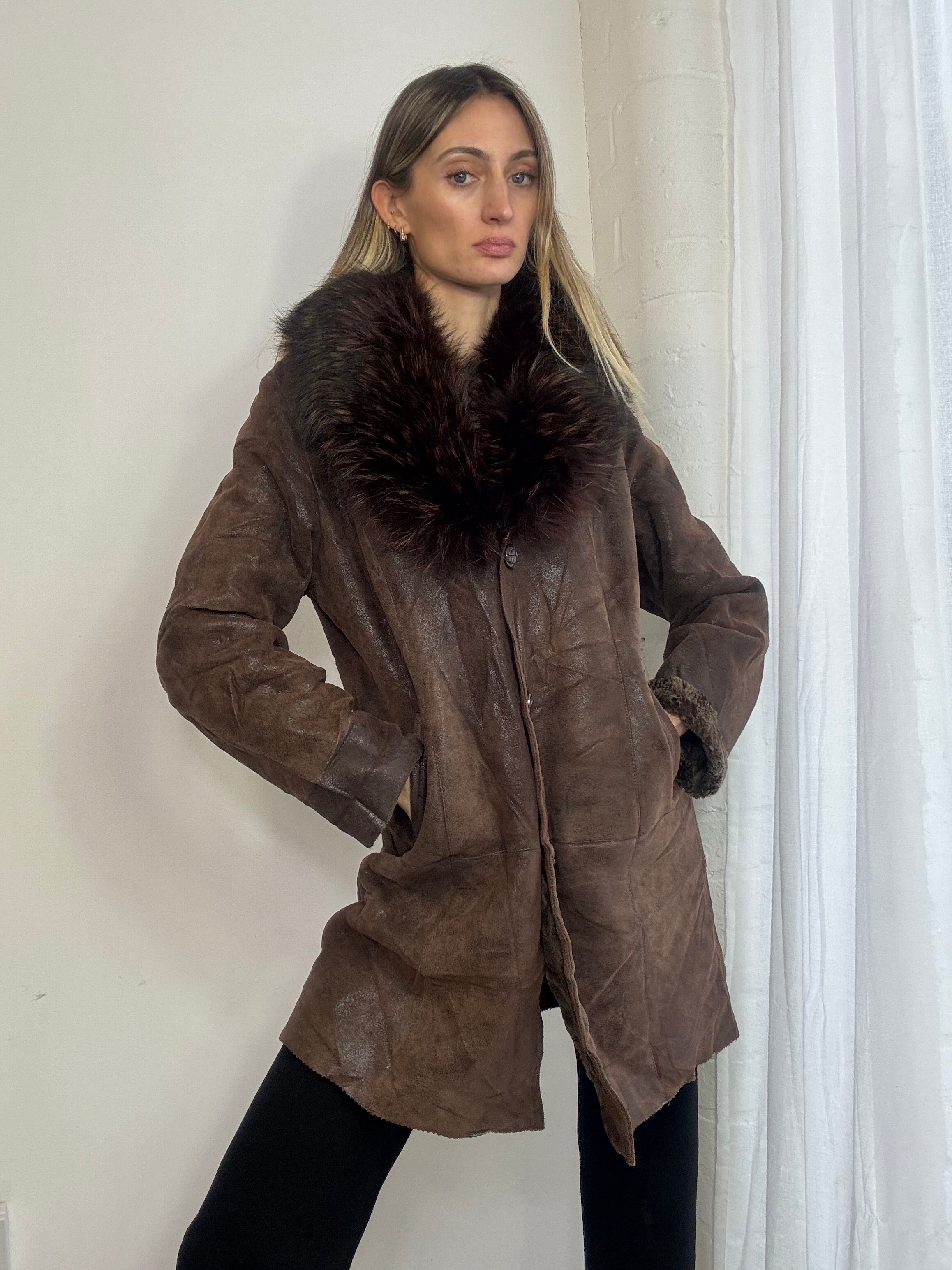 Vintage 90s brown leather & fur trim afghan coat