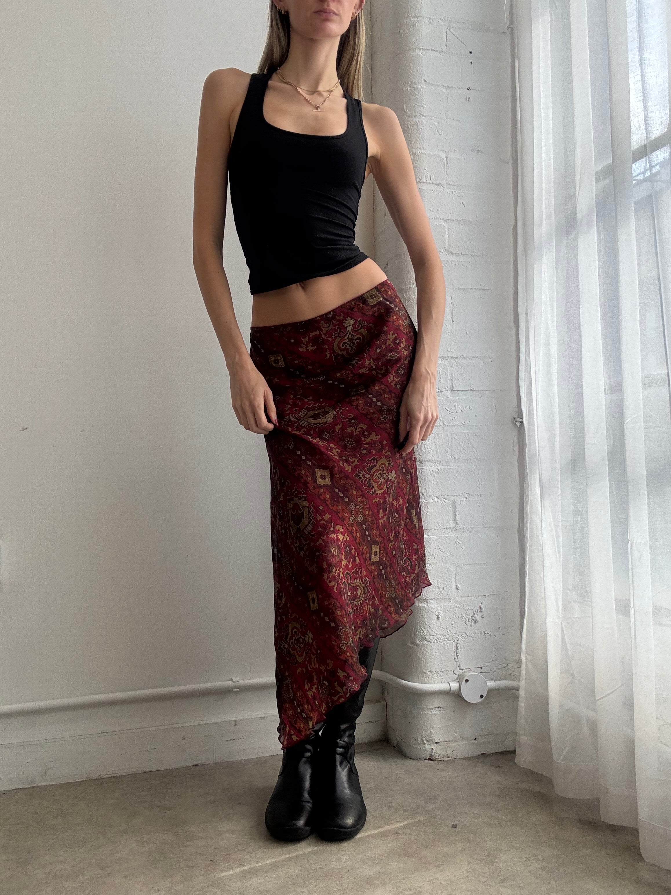 Vintage Y2k burgundy asymmetric mesh midi skirt