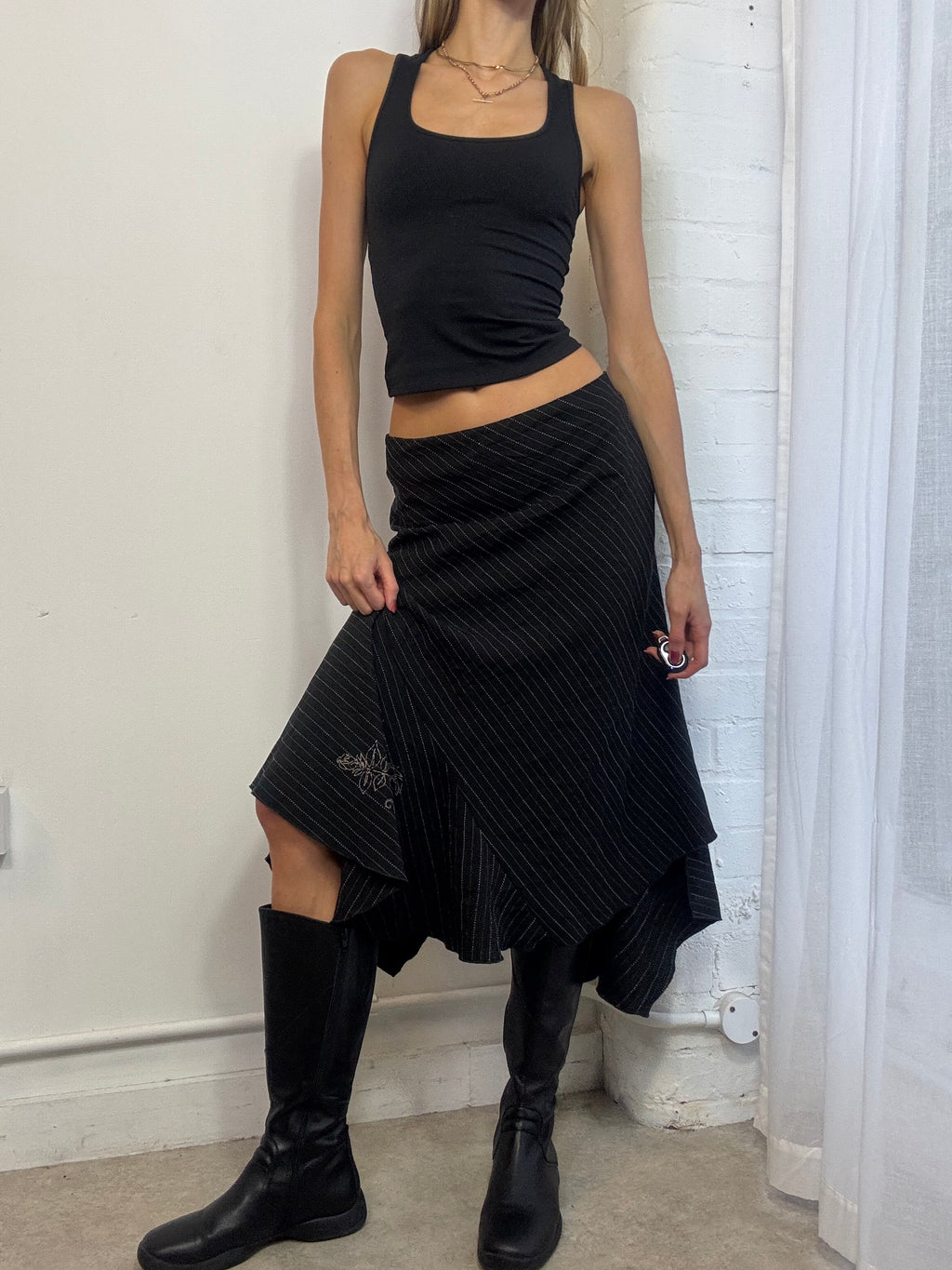 Vintage Y2K pinstripe asymmetric ruffle midi skirt