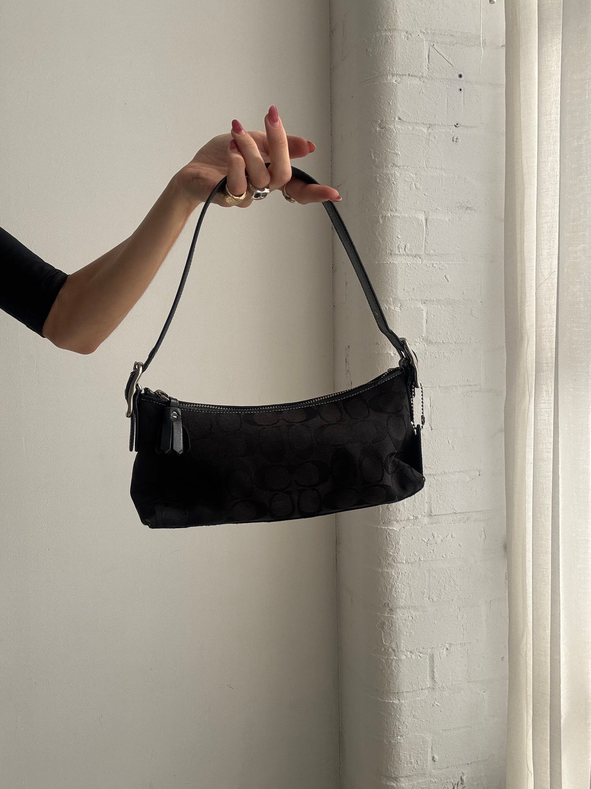 Vintage Coach Y2K Black Signature Monogram Shoulder Baguette Bag