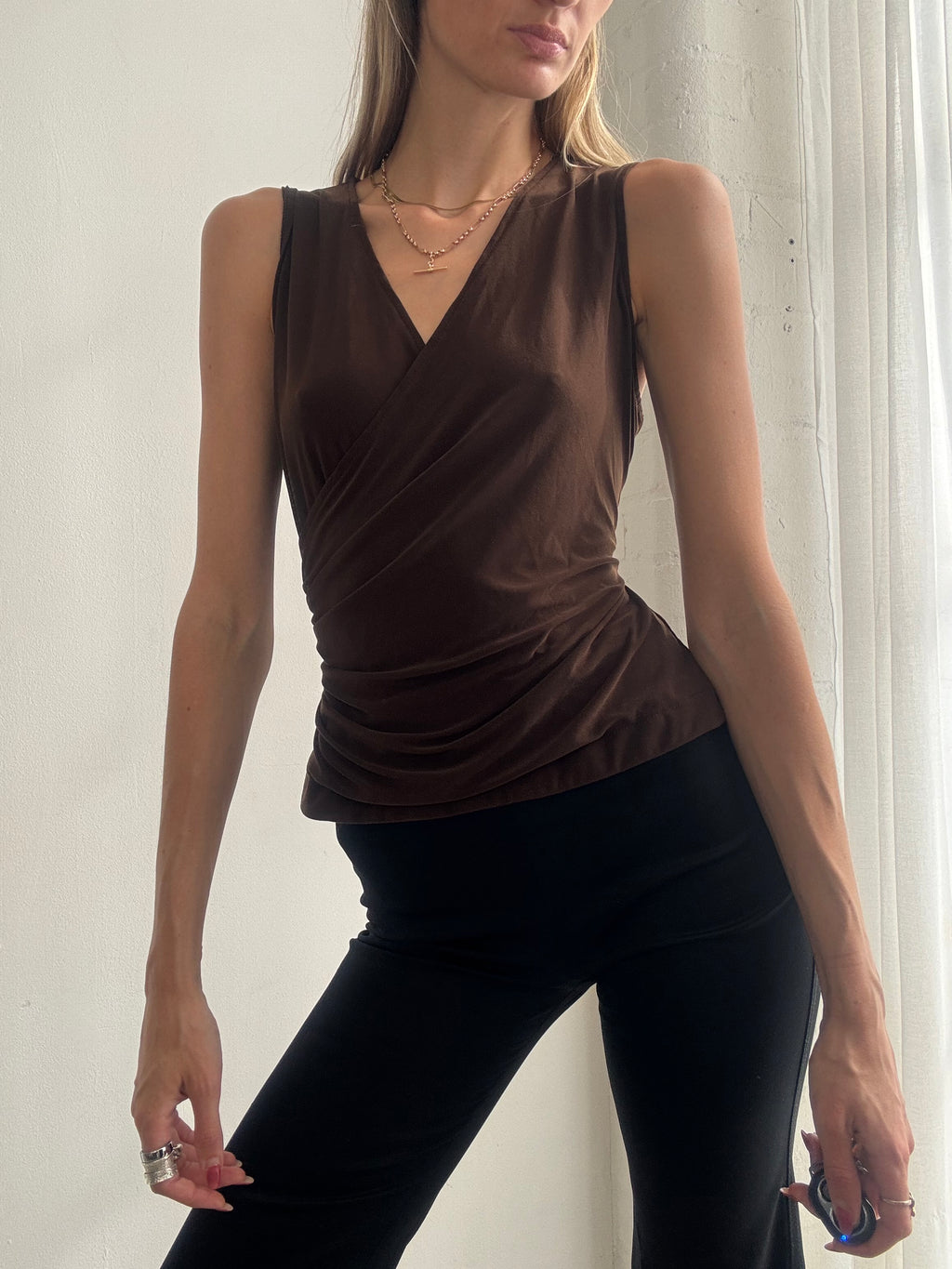Vintage Y2K Chocolate Brown Ruched Wrap Top - Size L