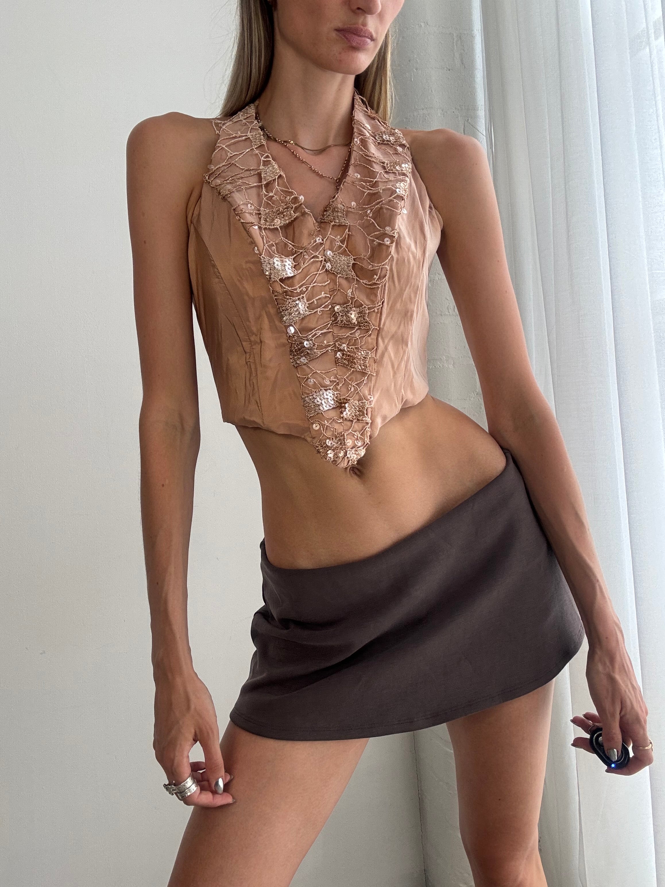 Vintage Y2K Peach Embellished Halterneck Top – Sequin Beaded Backless Party Top - Size XS/S