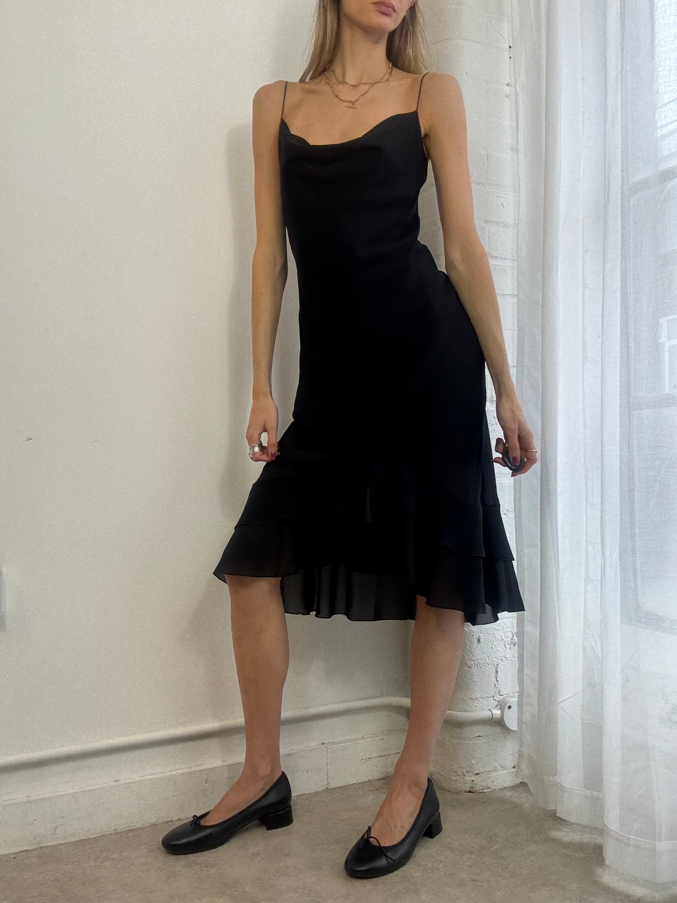 Vintage 90s Black Mesh Cowl Neck Slip Dress Ruffle