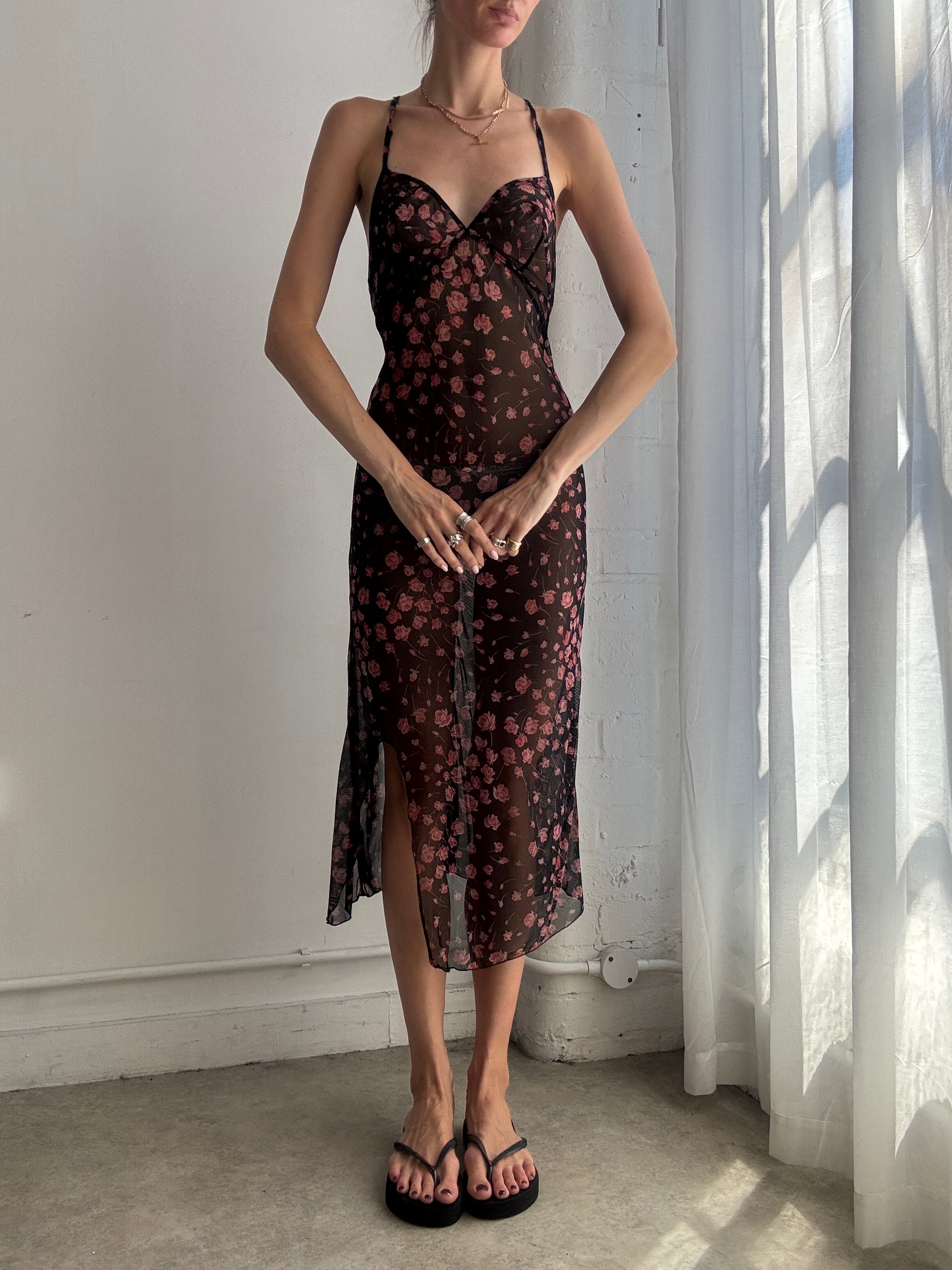 Vintage Floral Mesh Slip Dress Y2K - Size M