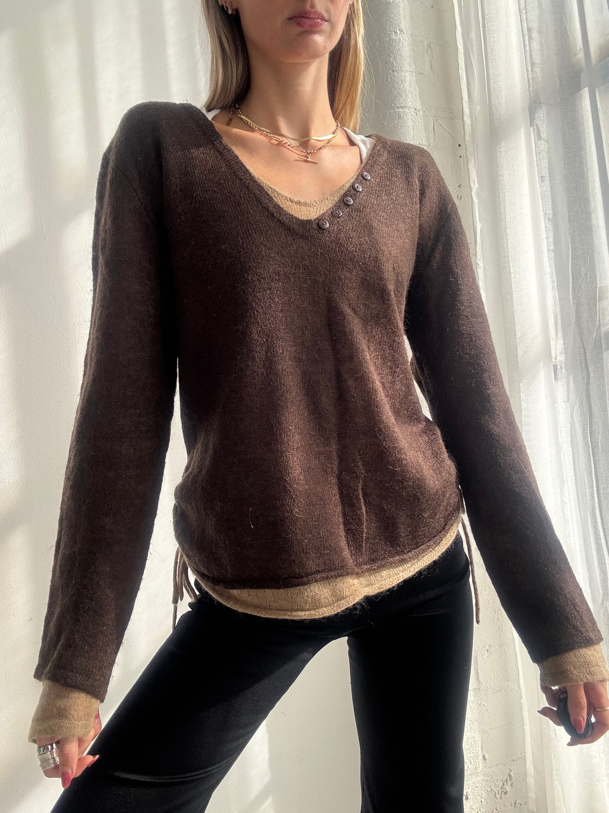 Vintage Y2K Chocolate Brown Layered V Neck Knit Jumper - Size L