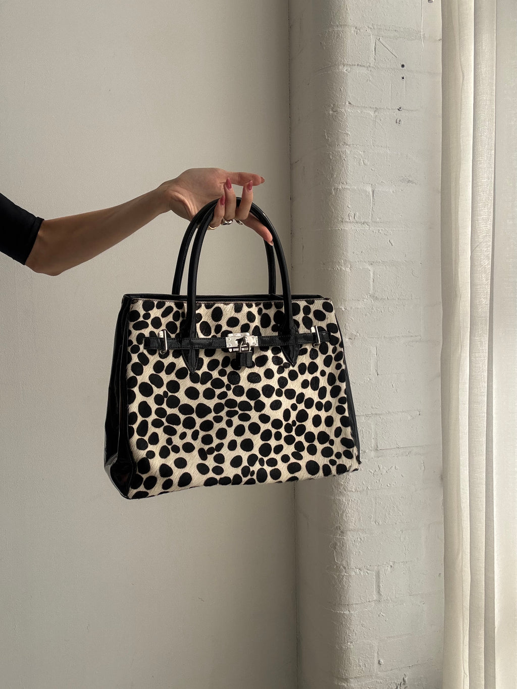 Vintage Y2K Black & White Leopard Print Ponyskin Structured Handbag