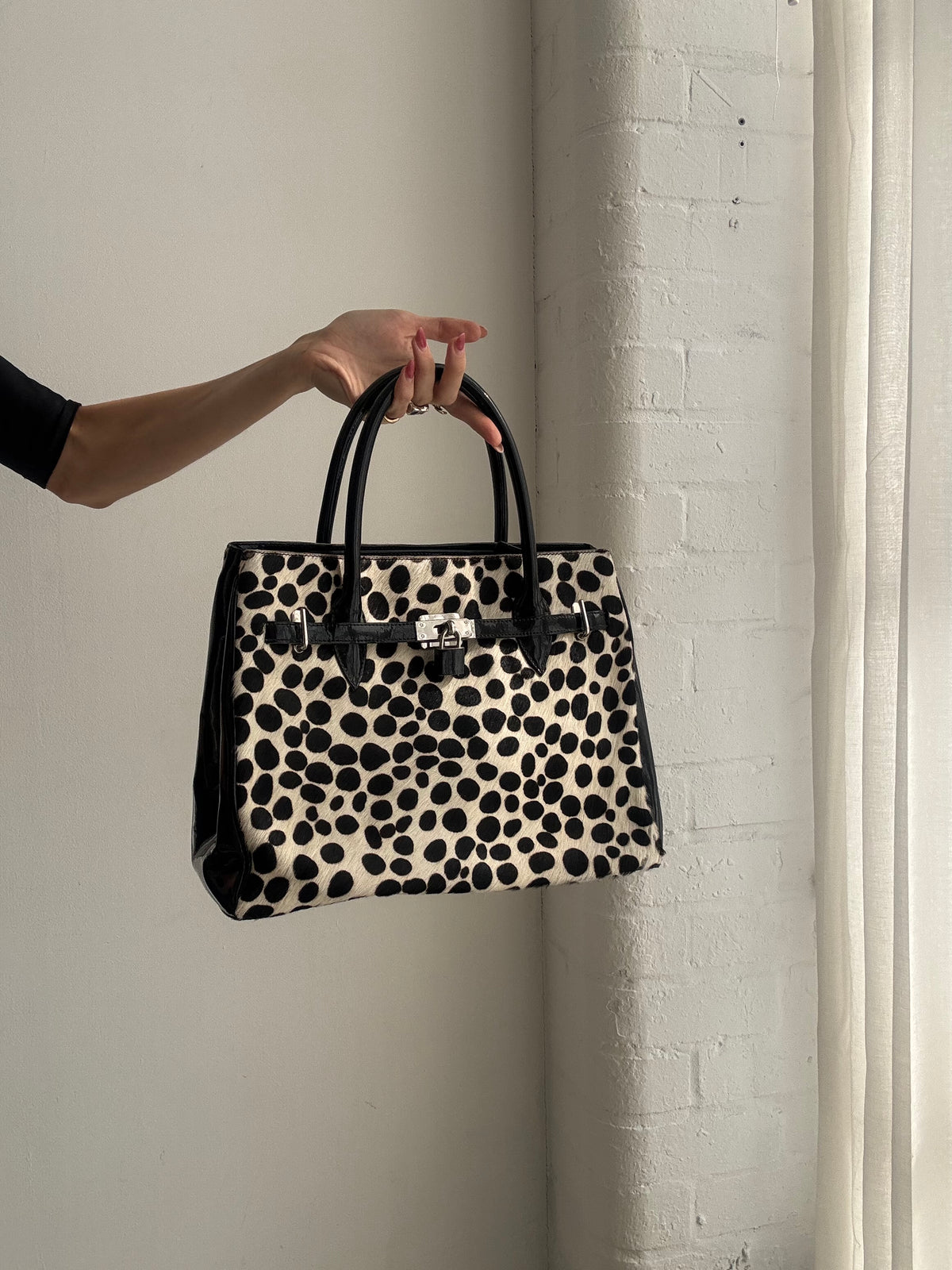 Vintage Y2K Black & White Leopard Print Ponyskin Structured Handbag