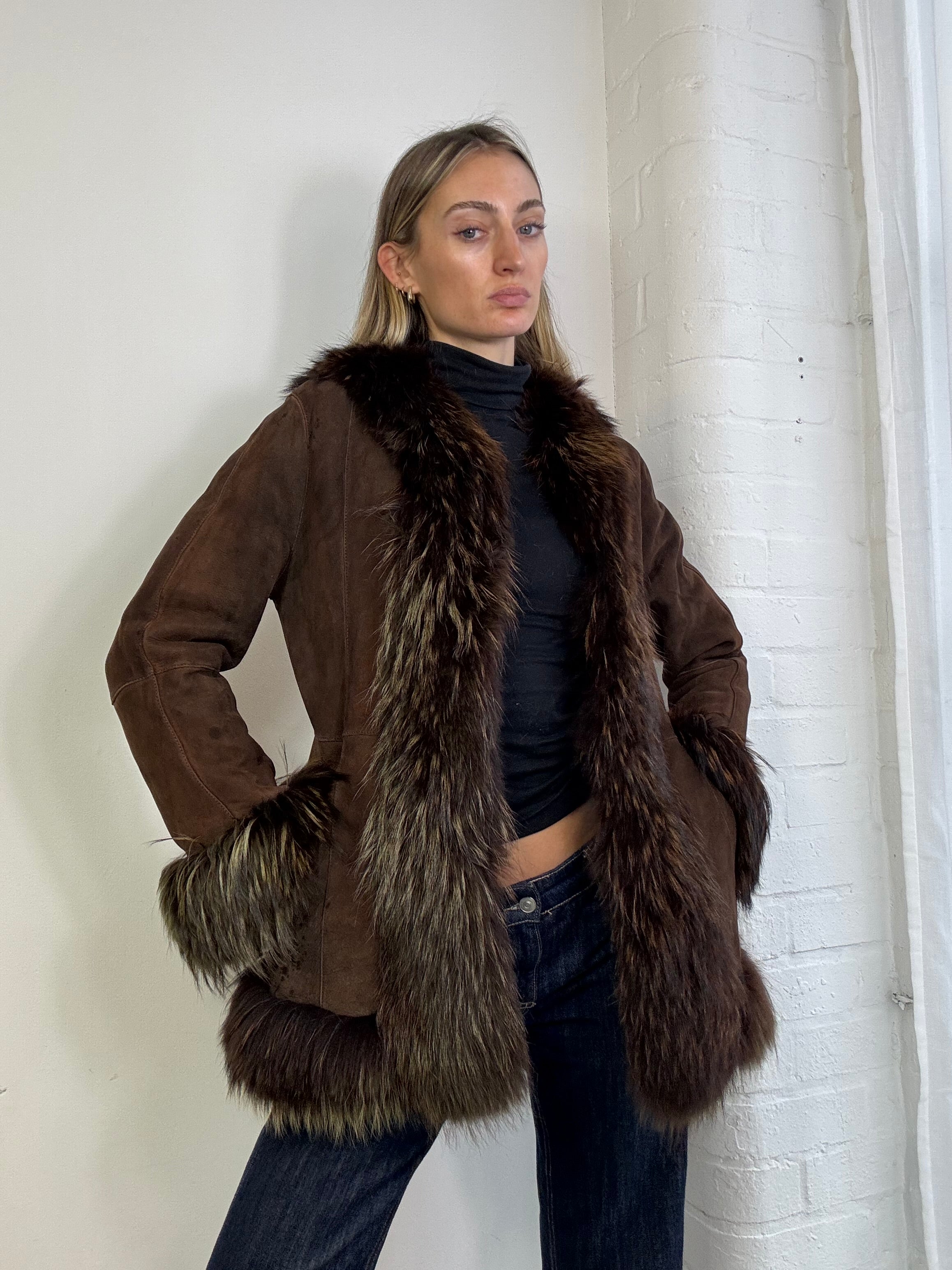Vintage 90s brown suede & fur Afghan coat