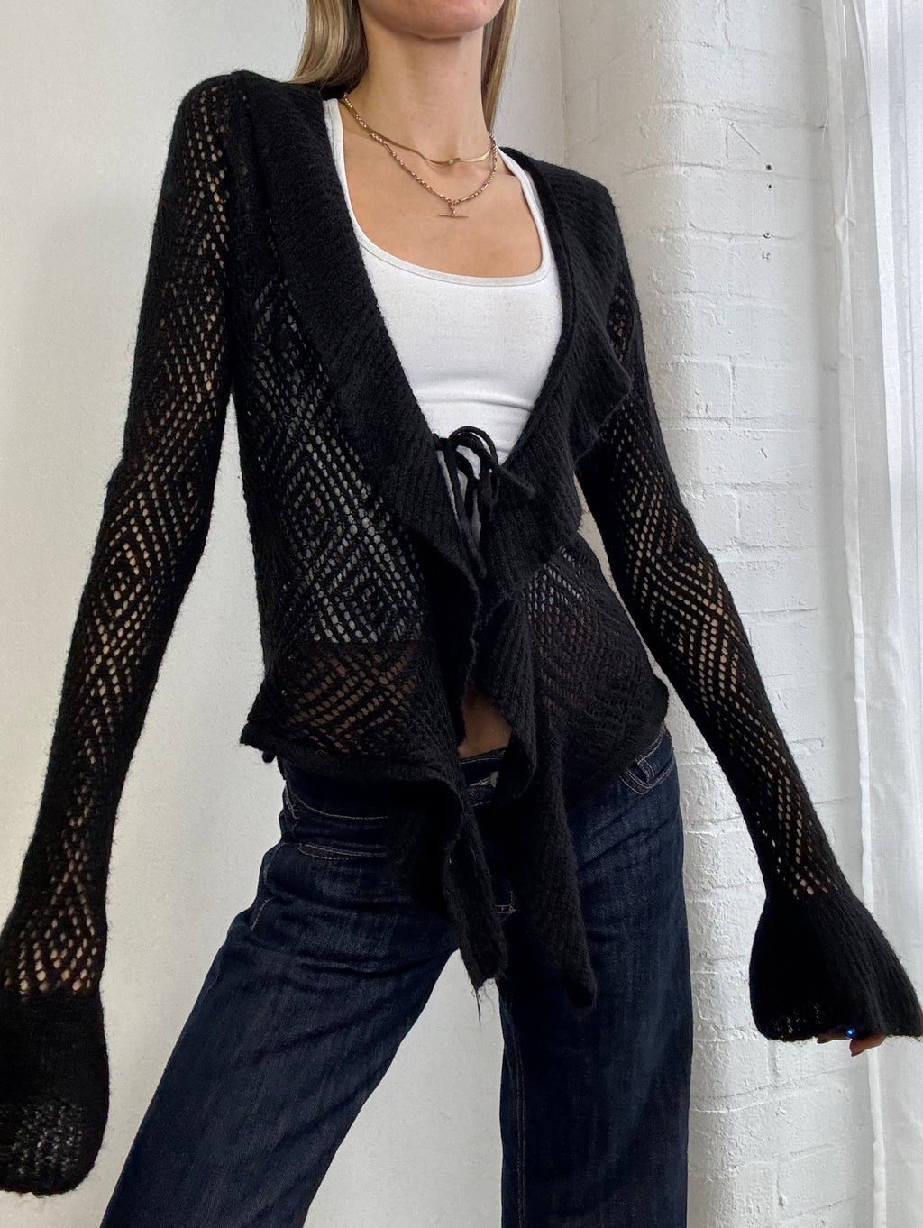 Vintage Y2K wool tie front ruffle cardigan