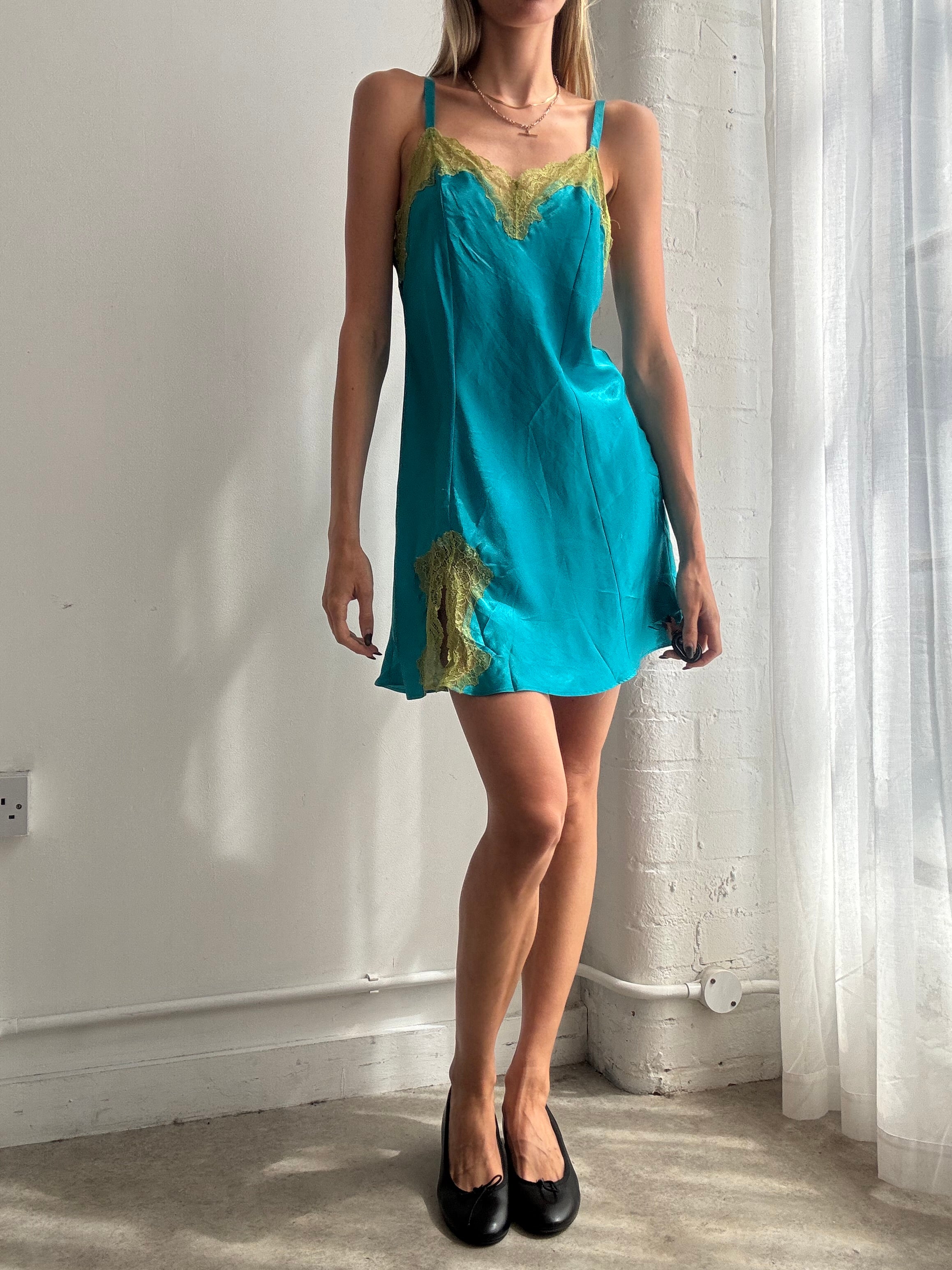 Vintage Y2K turquoise satin lace trim slip dress - Size S
