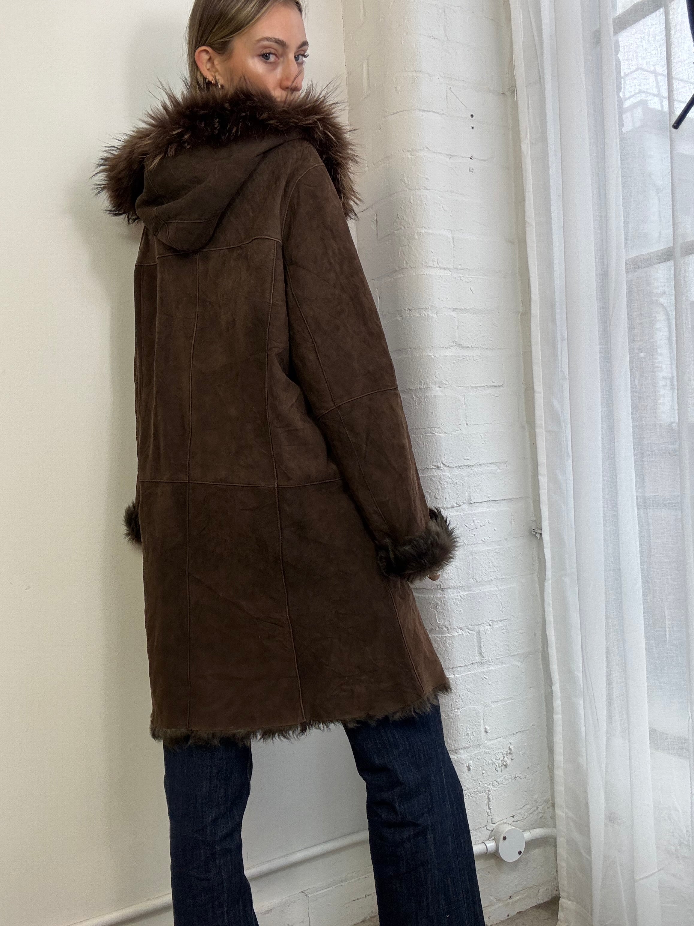 Vintage Y2K sheepskin hooded coat brown