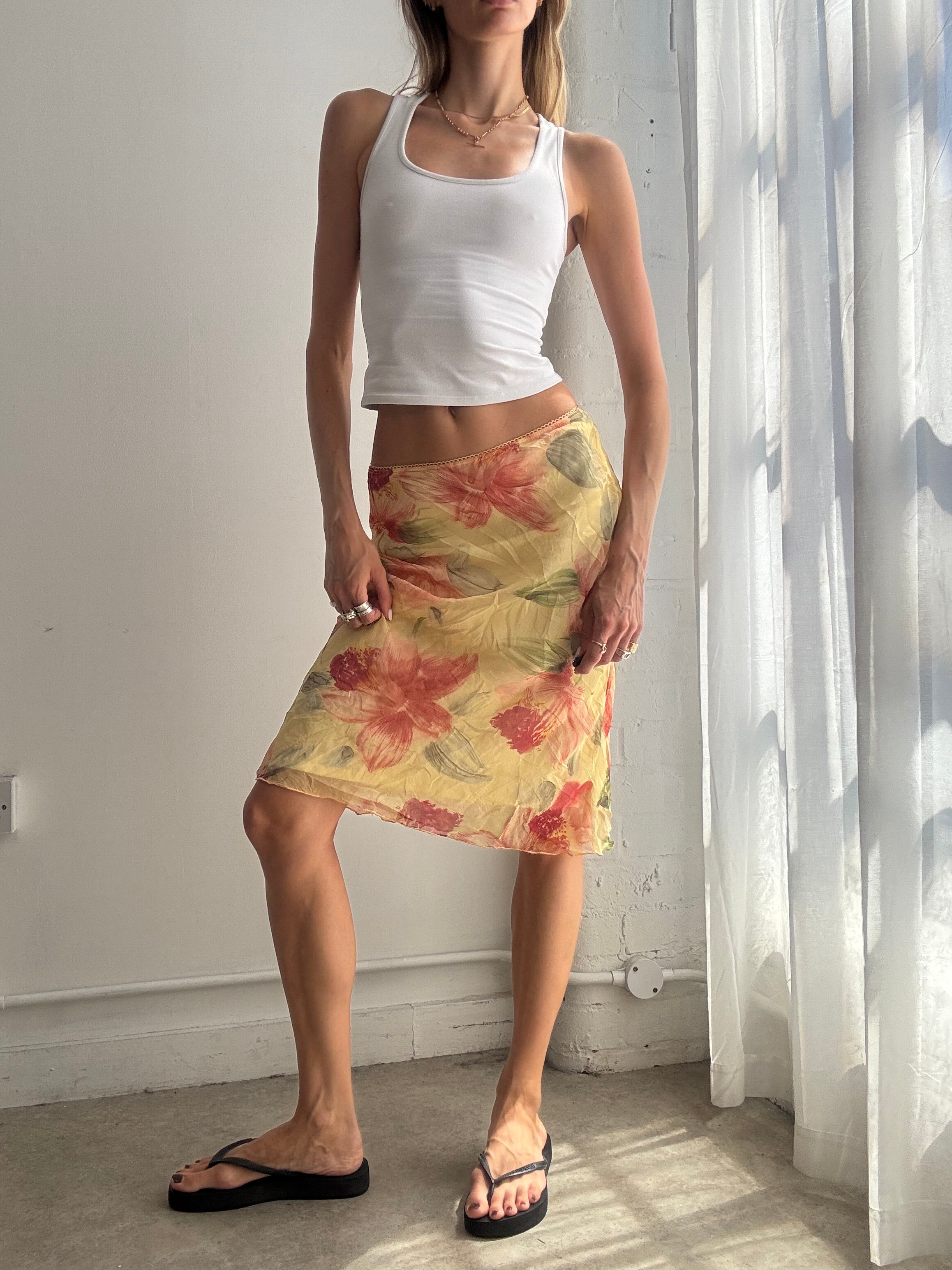Vintage Floral Mesh Midi Skirt Y2K - Size XS/S