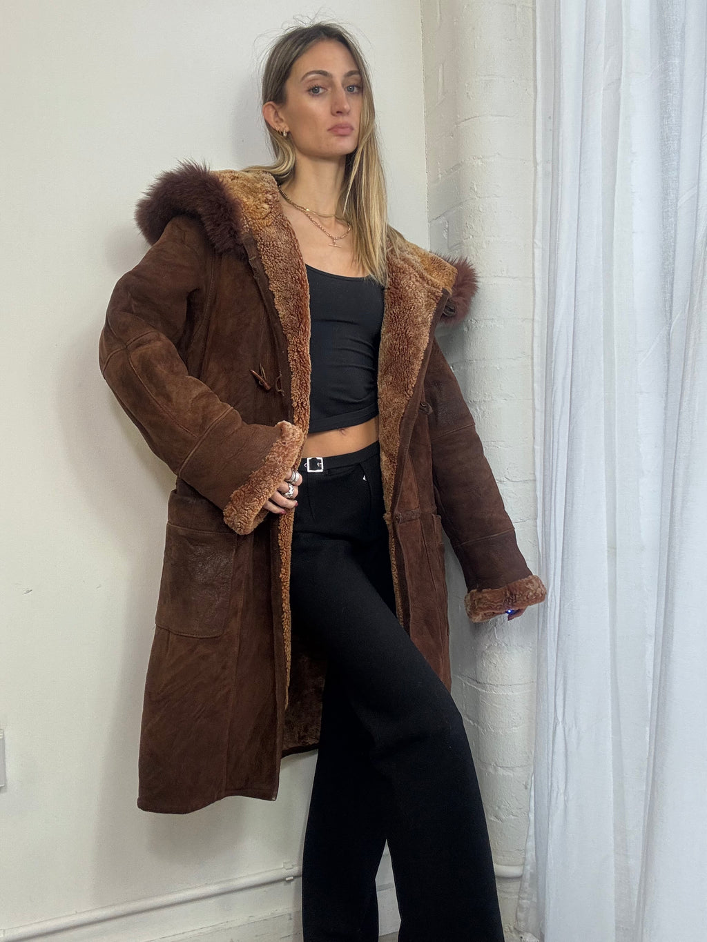 Vintage sheepskin suede long hooded coat fur trim