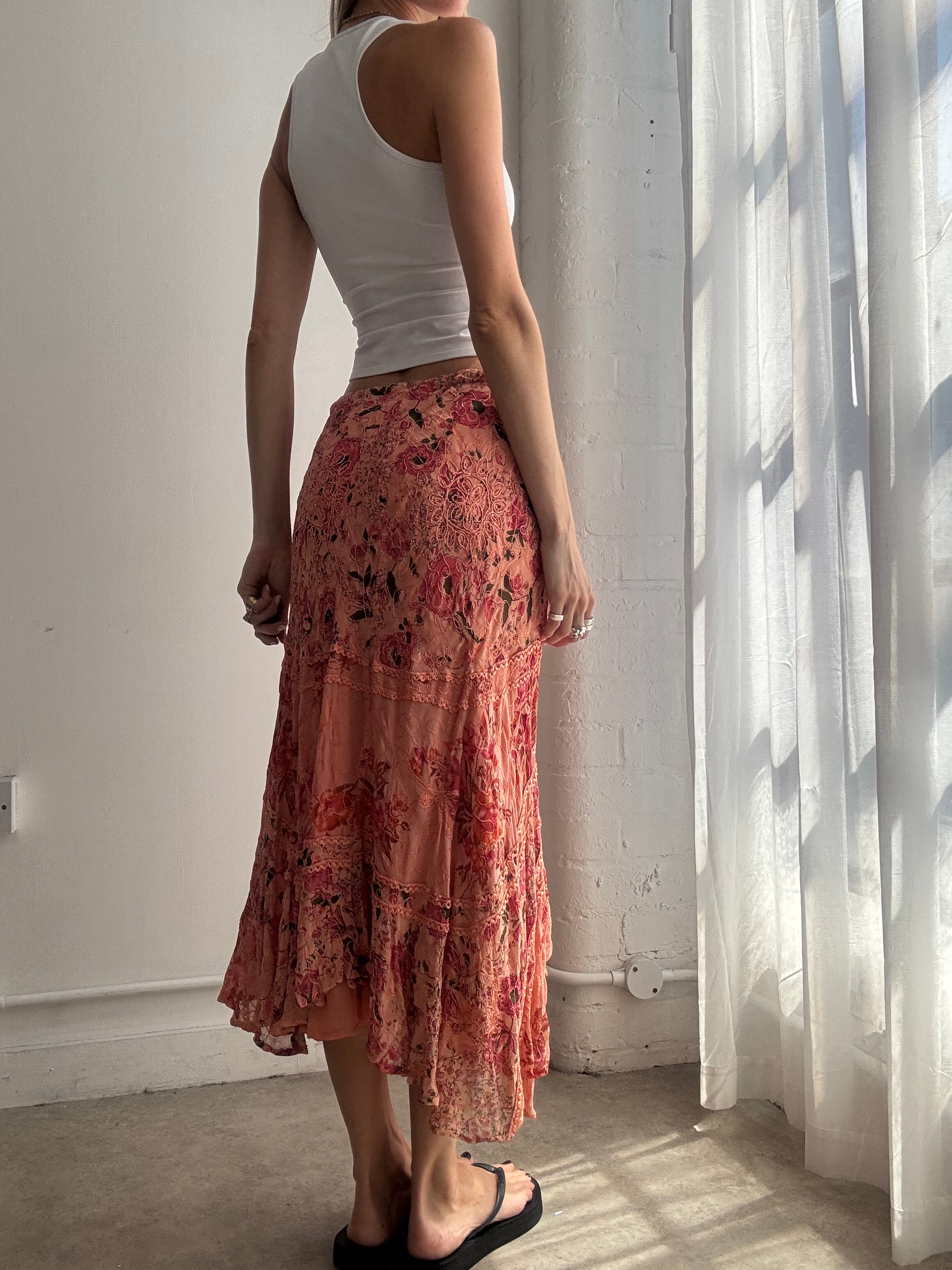 Vintage Coral Floral Maxi Skirt Y2K - Size S/M