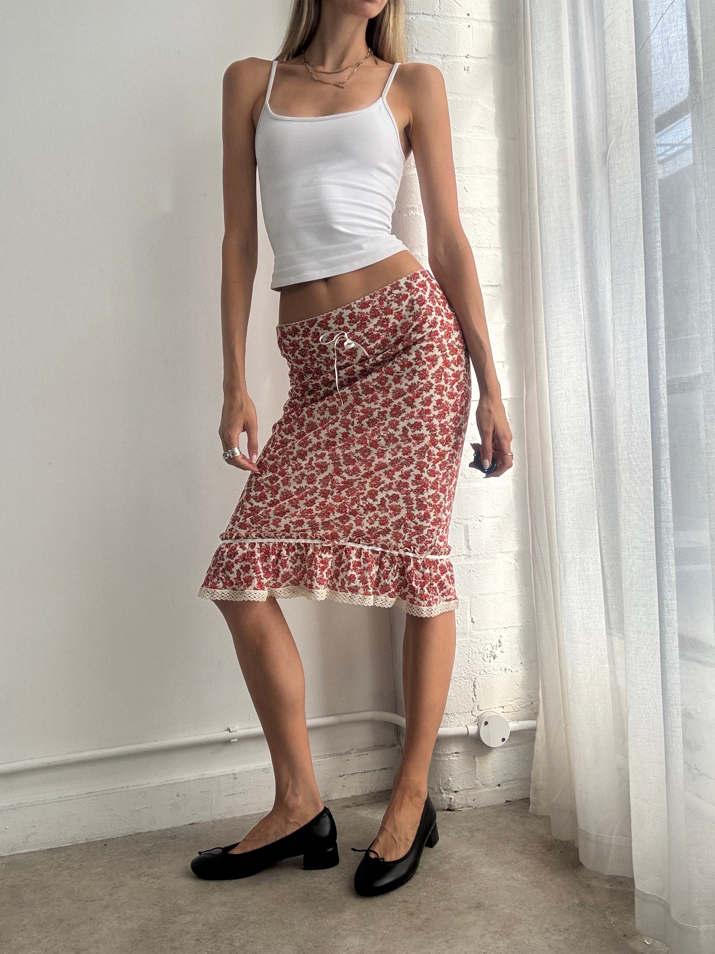 Vintage Y2K Floral Ruffle Hem Midi Skirt - Size M