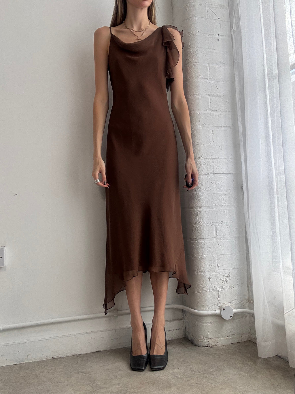 Vintage 90's chocolate brown asymmetric slip midi dress - Size M