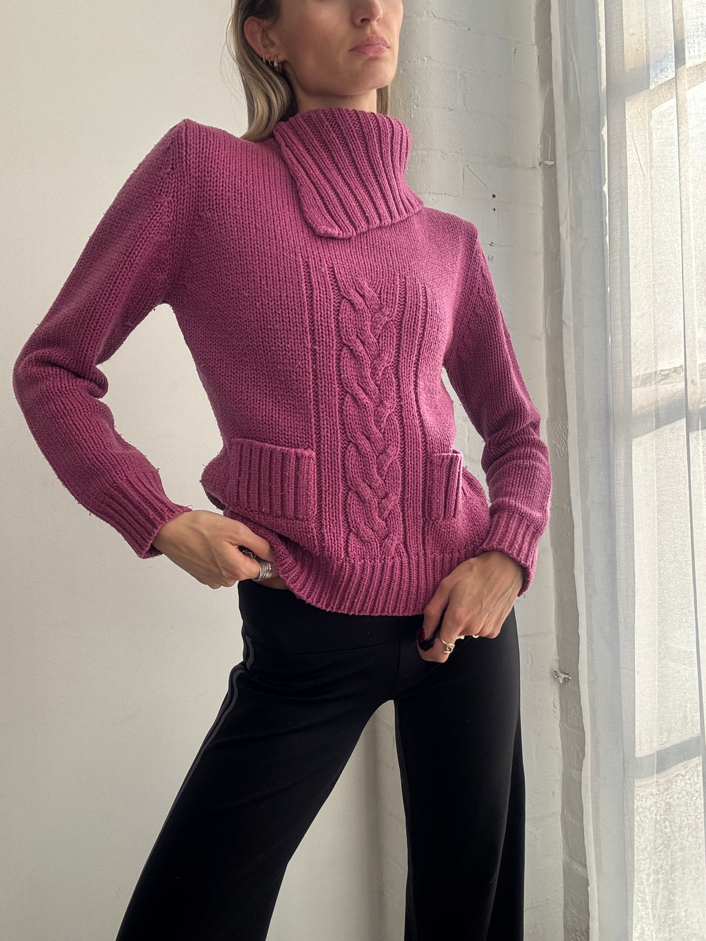Vintage Y2K purple cable knit roll neck jumper