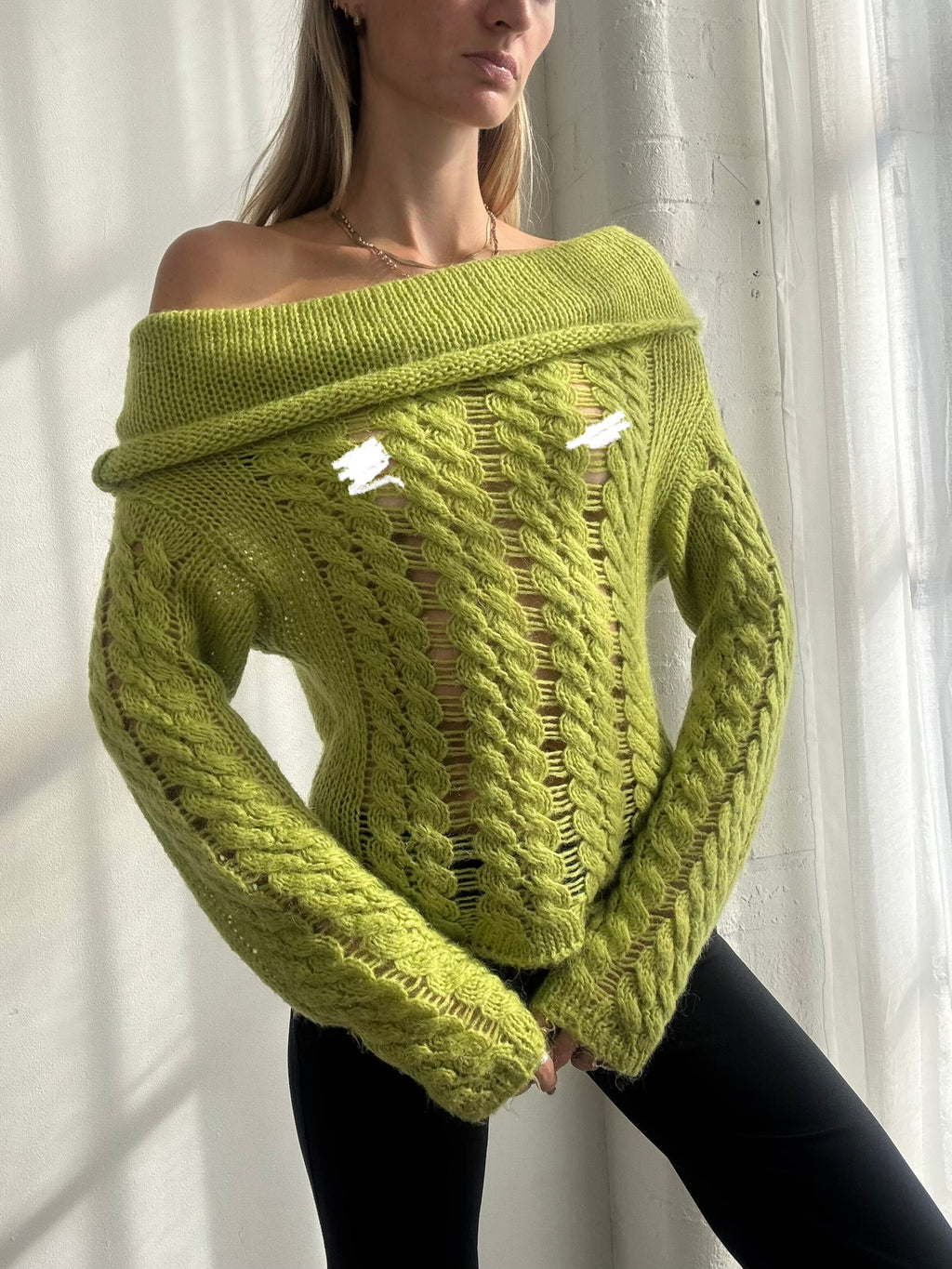 Vintage Y2K Lime Green Off Shoulder Open Knit Jumper - Size M