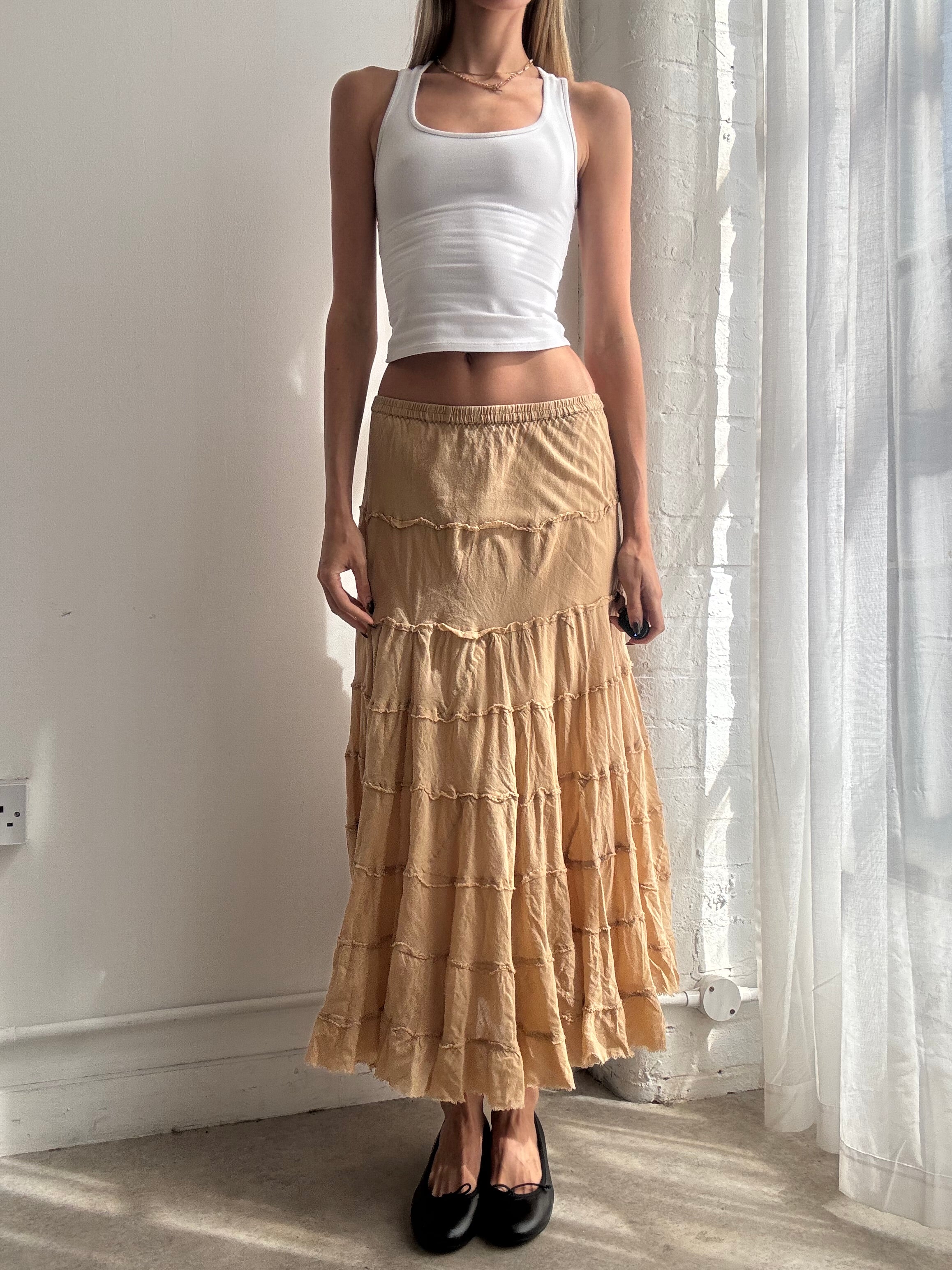 Vintage Y2K beige tiered cotton boho maxi skirt - Size S/M