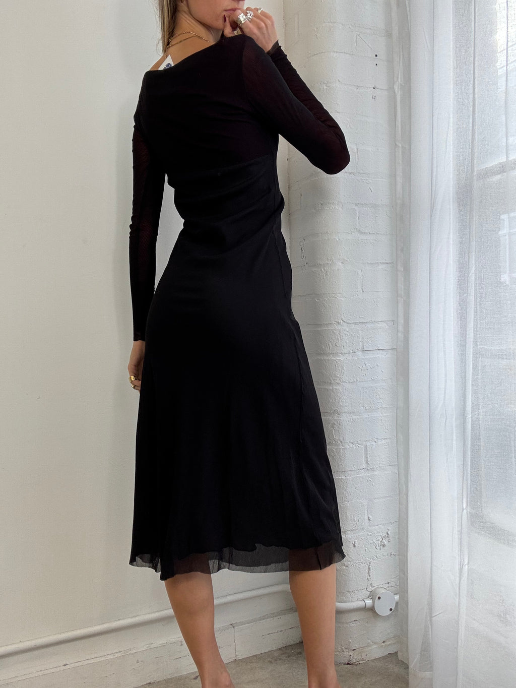 Vintage Y2K mesh boat neck midi dress black