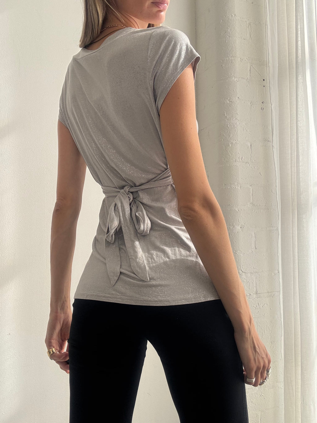 Vintage Y2K Silver Grey Empire Waist Wrap Top - Size S