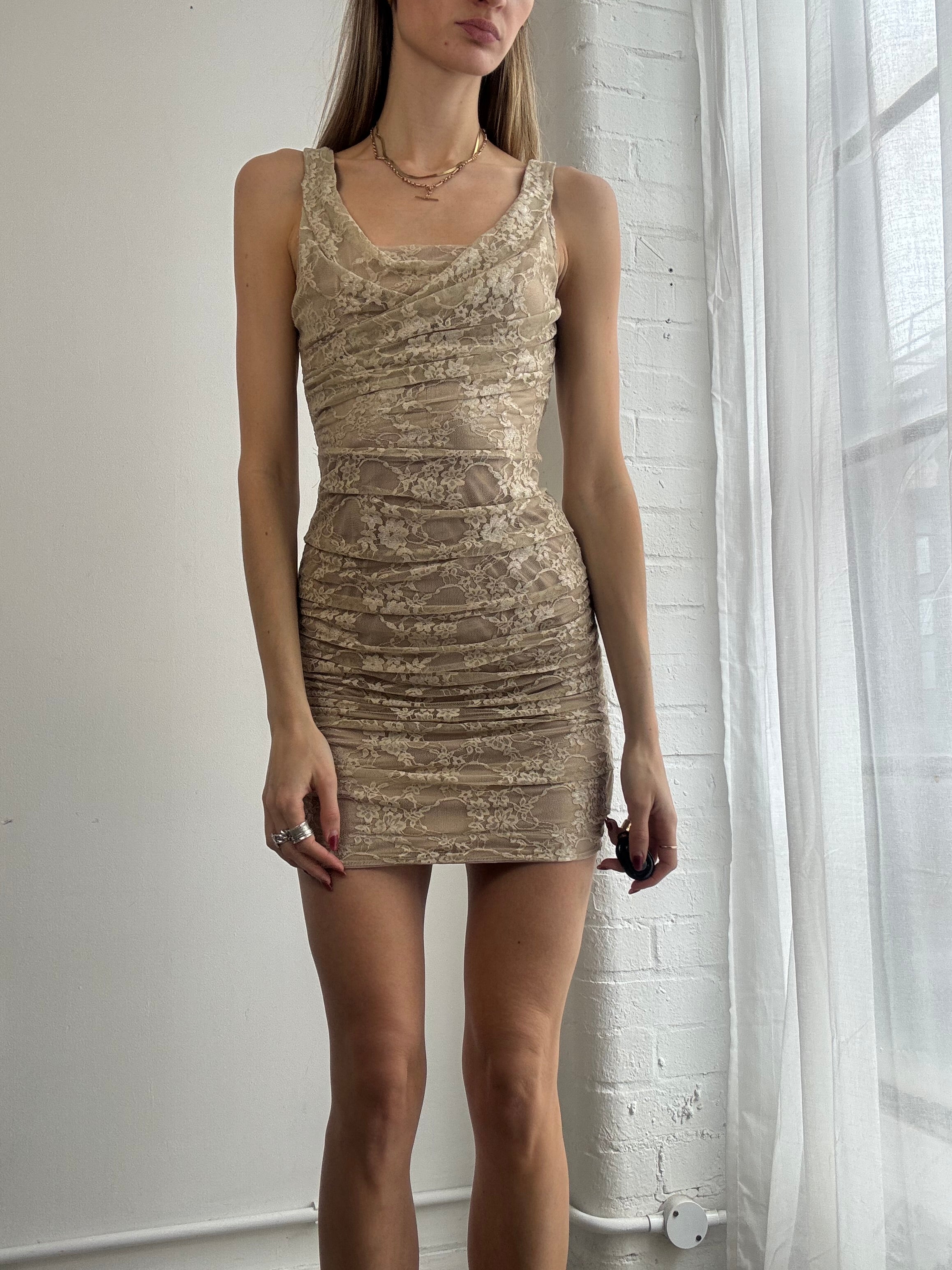 Vintage Y2K cream lace ruched mini dress