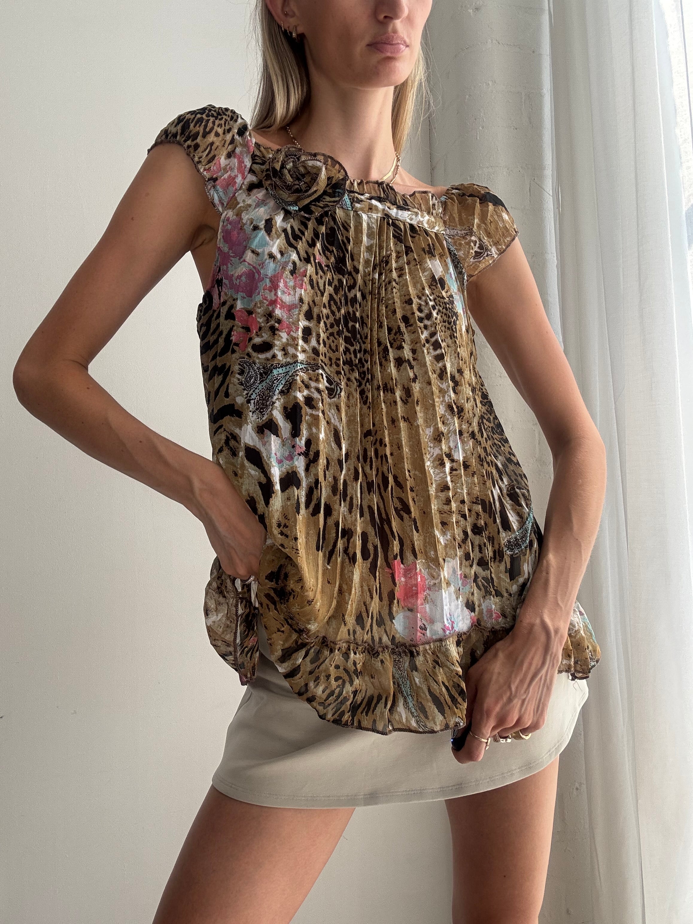 Vintage Y2K Animal Print Floral Chiffon Blouse – Sheer Ruffle Cap Sleeve Top - Size M