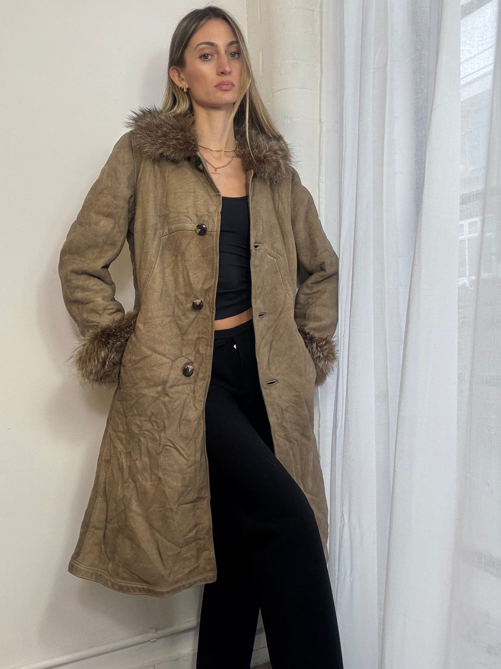Vintage 90s long suede button up coat