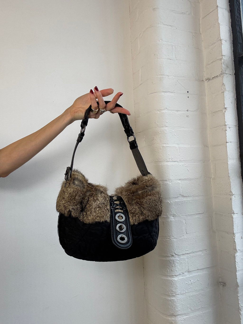 Vintage Y2K coach monogram shoulder bag with rabbit fur trim