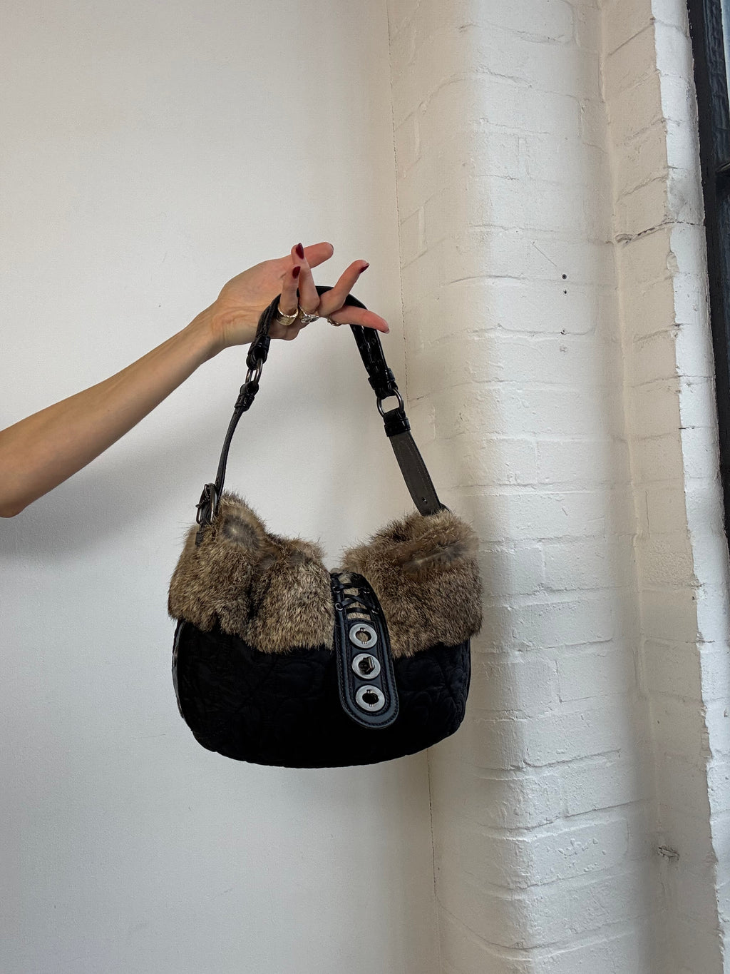 Vintage Y2K coach monogram shoulder bag with rabbit fur trim