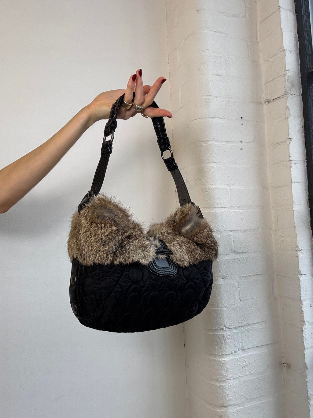 Vintage Y2K coach monogram shoulder bag with rabbit fur trim