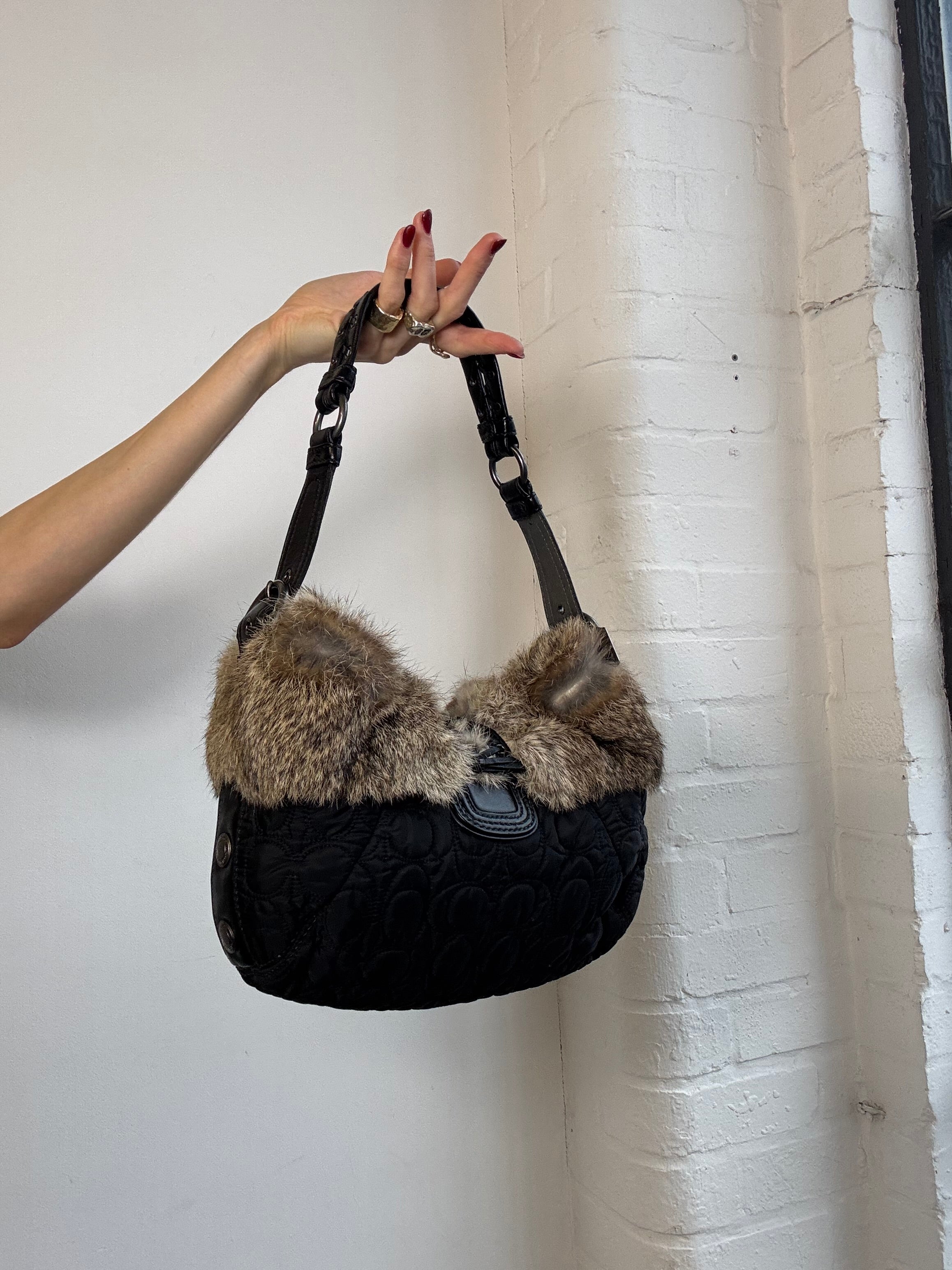 Vintage Y2K coach monogram shoulder bag with rabbit fur trim