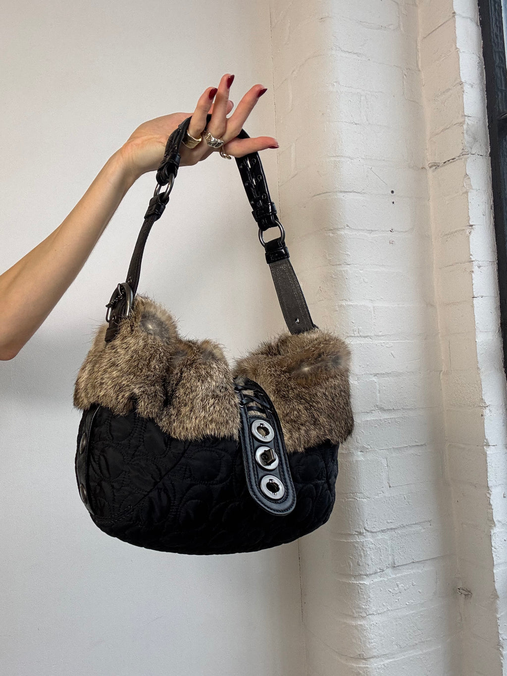 Vintage Y2K coach monogram shoulder bag with rabbit fur trim