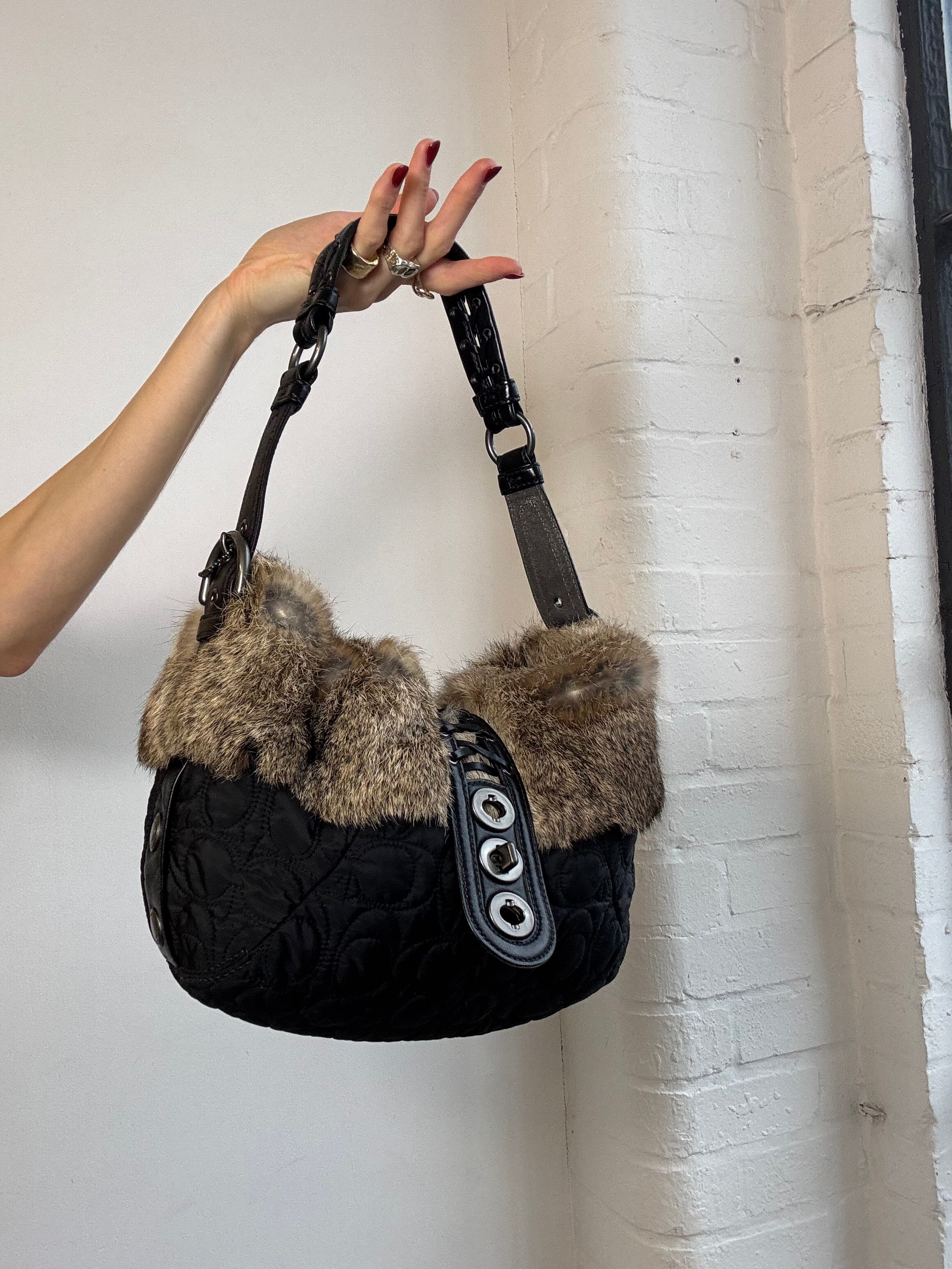 Vintage Y2K coach monogram shoulder bag with rabbit fur trim