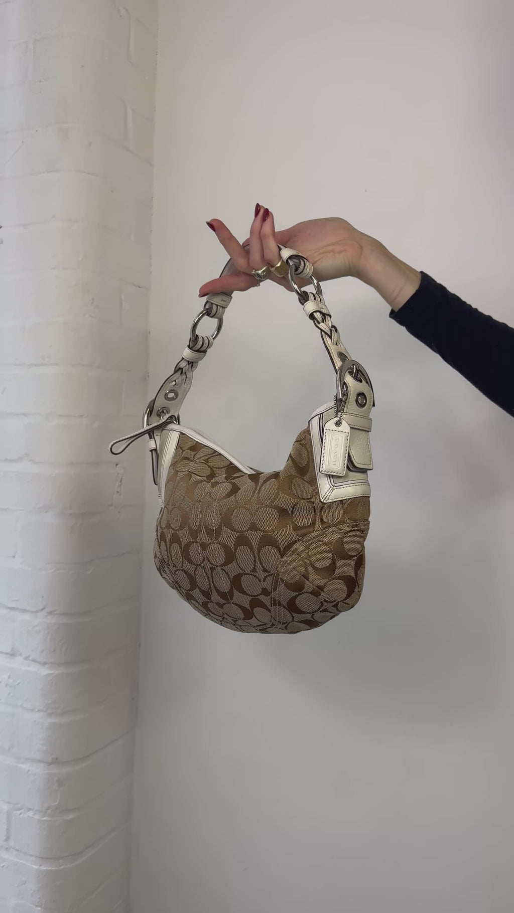 Vintage Y2K coach monogram half moon shoulder bag brown white